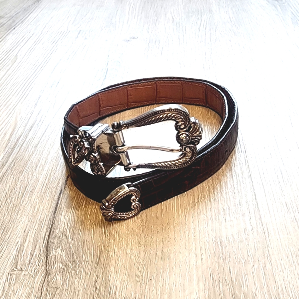 Brighton Brown Croc-Embossed Leather Belt with Silver Buckle